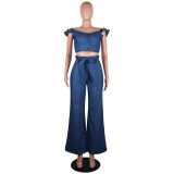 Blue Ruffles Crop Top and Wide Pants