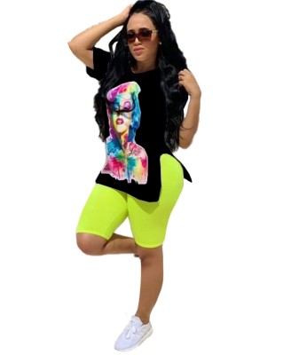Print Black Slit Shirt and Neon Green Shorts