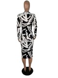 Sexy Print Plunging Long Sleeve Bodycon Dress