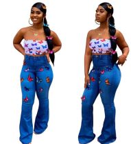 Print Butterfly Sexy High Waist Bell Jeans