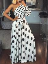 White and Black Polka One Shoulder Maxi Dress