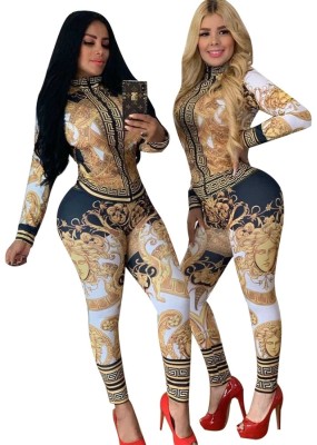 Print Ethnic Long Sleeves Tight Tracksuit
