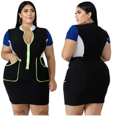 Plus Size Summer Contrast Zipper Bodycon Dress
