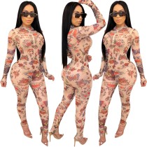 Print Long Sleeve Sexy Bodycon Jumpsuit