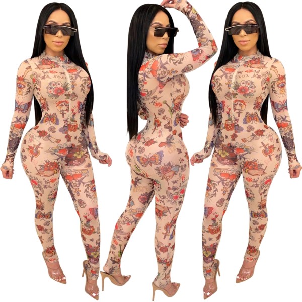 Print Long Sleeve Sexy Bodycon Jumpsuit