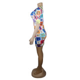 Print Colorful Short Sleeves Bodycon Dress