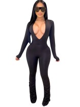Solid Color Deep-V Bodycon Jumpsuit with Sleeves