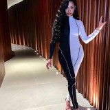 White and Black Long Sleeve Bodycon Jumpsuit