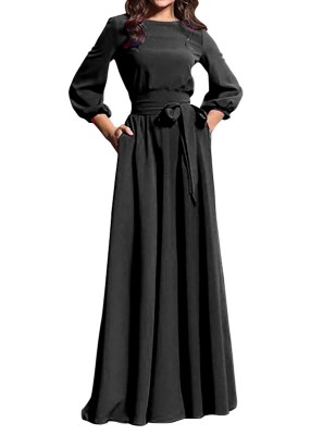 Solid Color O-Neck Maxi Dress with Belt
