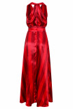 Red Stripped Sleeveless Halter Evening Dress