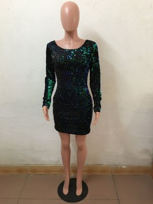 Sequins Green Long Sleeve Club Dress with Low Back