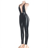 Black Deep-V Sexy Leather Dancer Jumpsuit