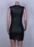 Black Leather Sleeveless Wrap Dress
