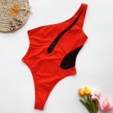 One Piece Mesh Accent Red One Shoulder Swimsuit