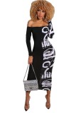 Print Sexy Off Shoulder Midi Dress with Sleeves