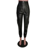 Black Leather High Waist Zipper Pants