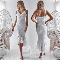 White Lace Straps Ruffles Mermaid Dress