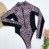 Leopard Print Long Sleeve Zipper Swimsuit