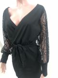 Black Sexy Wrapped Party Dress with Lace Sleeves
