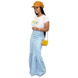 Light Blue High Waist Long Denim Skirt