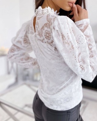 White Floral Lace Basic Top with Pop Sleeves