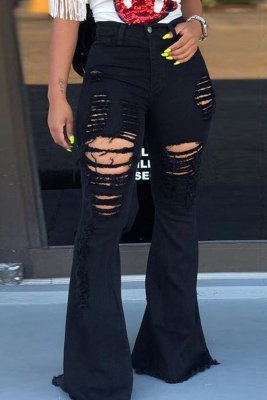Black Sexy High Waist Ripped Bell Jeans