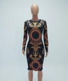 Vintage Print Long Sleeve Bodycon Dress