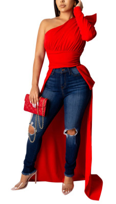 Plain Solid One Shoulder High Low Party Top