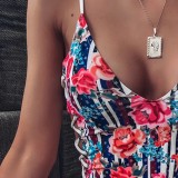 Floral Print One-Piece Lace-Up Straps Swimwear