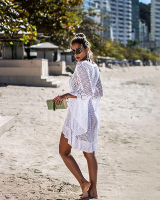 Long Sleeves Crochet High Low Beach Dress