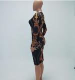 Vintage Print Long Sleeve Bodycon Dress