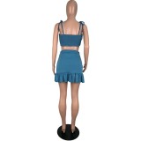 Blue Denim Straps Crop Top and Skirt Set