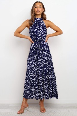 Print Elegant Long Dress with Scoop Neckline