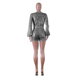 Sexy Sequins Long Sleeve Rompers with Belt