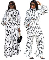 White and Black Print Formal Jumpsuit with Belt
