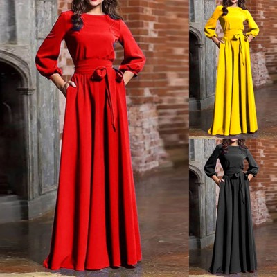 Solid Color O-Neck Maxi Dress with Belt