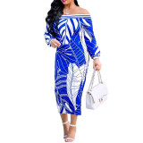 White and Blue Print Off Shoulder Midi Dress
