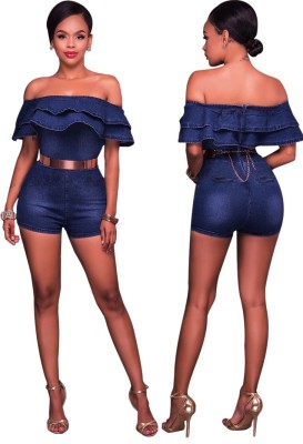 Blue Denim Off Shoulder Bodycon Rompers