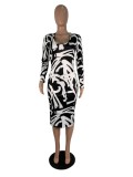 Sexy Print Plunging Long Sleeve Bodycon Dress