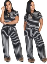Summer Drawstring Striped Casual Jumpsuit