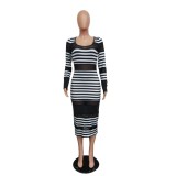 Sexy Stripes Long Sleeve Square Midi Dress