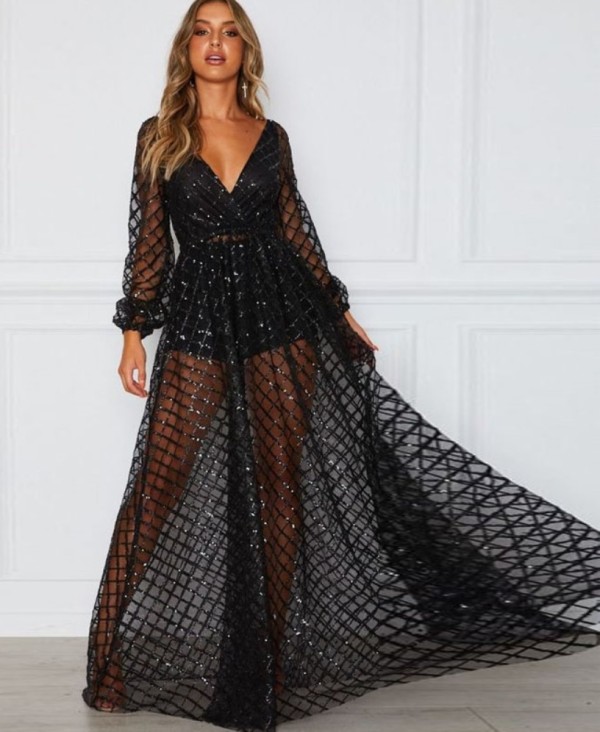 Black Sequins Long Sleeves V-Neck Long Gown