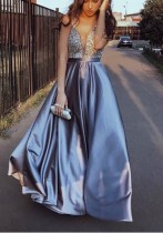 Sequins Upper Sleeveless Ball Gown Evening Dress