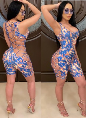 Print Sexy Lace Up Sleeveless Bodycon Rompers