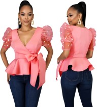 Sexy V-Neck Peplum Party Top with Pop Sleeves