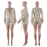 Sexy Sequins Long Sleeve Rompers with Belt
