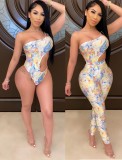 Summer Print Sexy One Shoulder Bodysuit and Pants