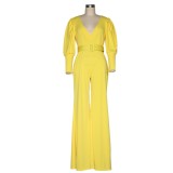 Solid Color Deep-V Wide Jumpsuit with Pop Sleeves