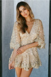 V-Neck Sequins Rompers with Wide Legges and Cuffs