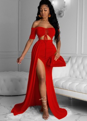 Sexy Lace Up Strapless Crop Top and Irregular Long Skirt